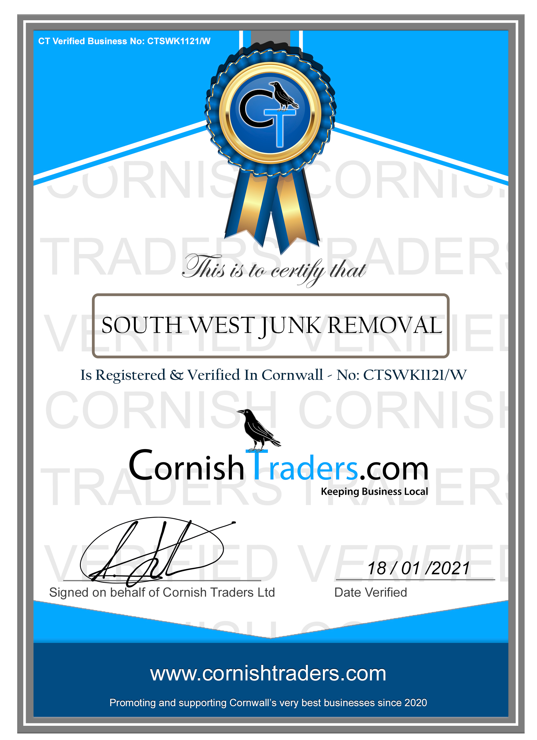 Cornish Traders Verified certificate for South West Junk Removal
